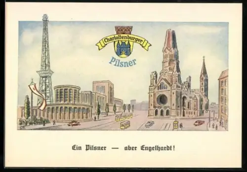 AK Berlin-Charlottenburg, Funkturm, Brauerei-Werbung, Charlottenburger Pilsner Engelhardt