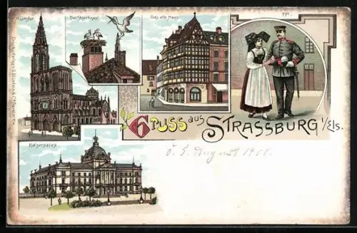 Lithographie Strassburg i. Els., Münster, Kaiserpalast, Das alte Haus