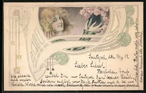 AK Jugendstil, Junge Frau mit Blumenvase