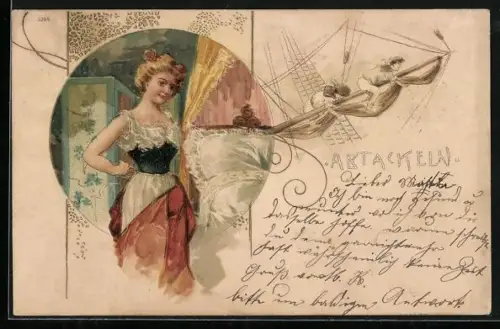 Lithographie Junge Dame am Bett, Matrosen auf Segelschiff, Jugendstil