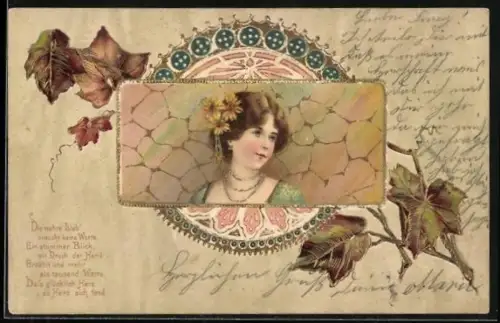 AK Junge Dame mit Blumen im Haar, Herbstliche Blätter, Ornamente, Jugendstil