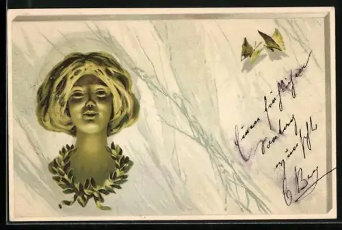 Lithographie Frauenkopf mit Lorbeer-Halskranz, Schmetterlinge, Jugendstil