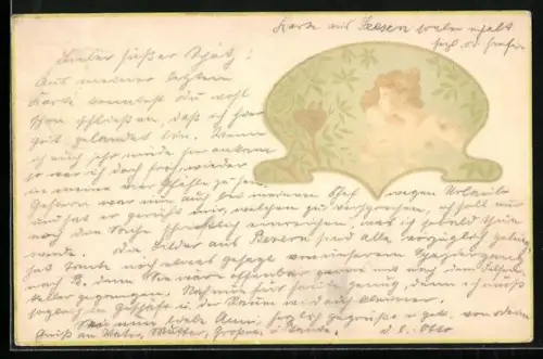 Präge-Lithographie Junge Frauen beobachten Vogeljunge im Nest, Ornament-Rahmen, Jugendstil