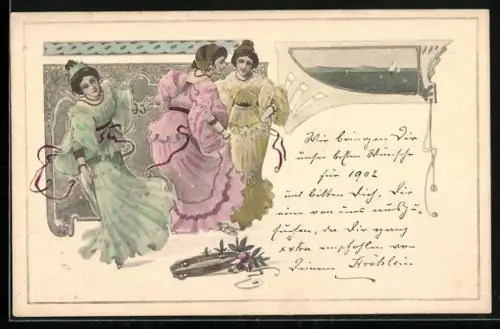 AK Drei junge Damen in Rüschenkleidern, Tambourin, Ornamente, Jugendstil