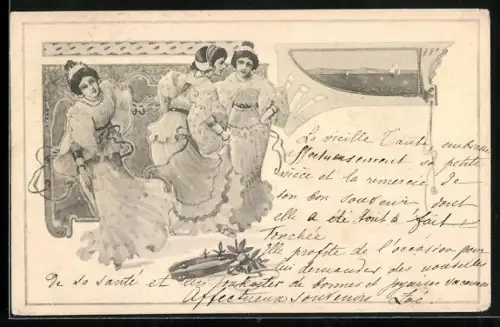 AK Drei junge Damen mit Tambourin, See-Idylle, Ornamente, Jugendstil