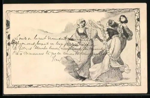 AK Drei junge Damen mit Blumengirlanden, Ornament-Rahmen, Jugendstil