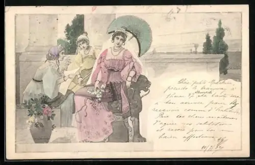 AK Junge Damen mit Schirm auf einer antiken Terrasse, Jugendstil