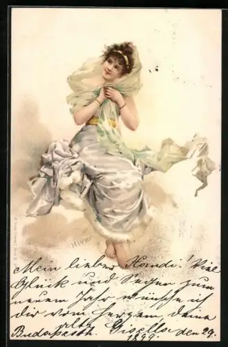 Künstler-AK Theo Stroefer Nr.5709: Winter-Allegorie, junge Frau im pastellfarbenen Kleid mit hellblauem Schal