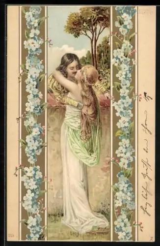 AK Zärtlicher Kuss eines Liebespaares an der Mauer, Jugendstil