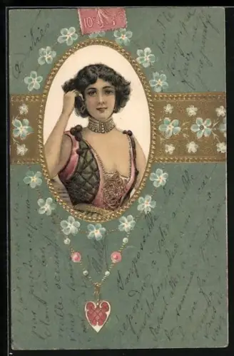 Präge-Lithographie Frauenportrait, Blumenkette, Ornamente, Jugendstil
