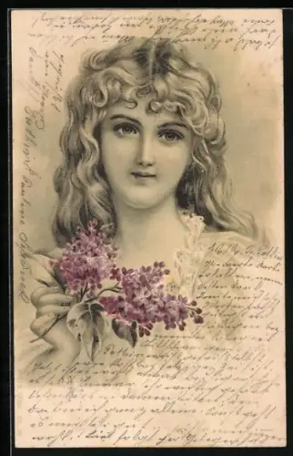 Lithographie Junges Mädchen mit Flieder, Jugendstil