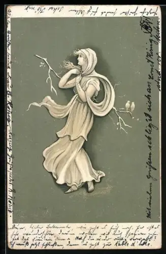 Lithographie Junges Mädchen mit wehenden Kleidern, Zweig mit Vogelpaar, Jugendstil