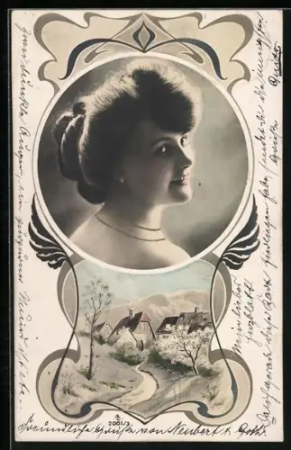 AK Frauenbildnis, Frühlingsidylle, Ornamente, Jugendstil