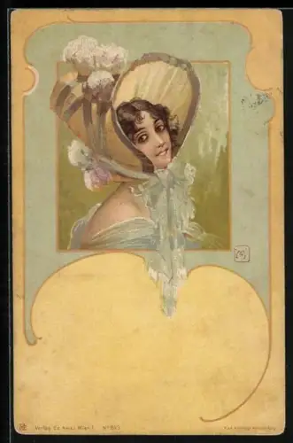 AK Lächelnde Dame mit grossem Hut, Jugendstil