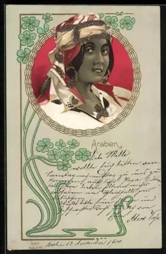 Lithographie Arabien, Frauenportrait, Glücksklee, Ornament-Rahmen, Jugendstil