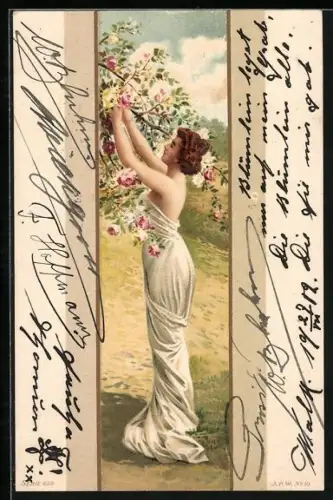 AK Mädchen im antiken Kleid am Rosenstrauch, Jugendstil