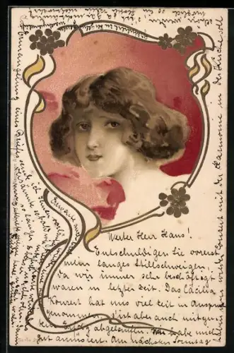 Lithographie Frauenportrait, Blumen-Ornamente, Jugendstil