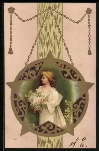 AK Dame mit Blumenstrauss und Stern, Jugendstil