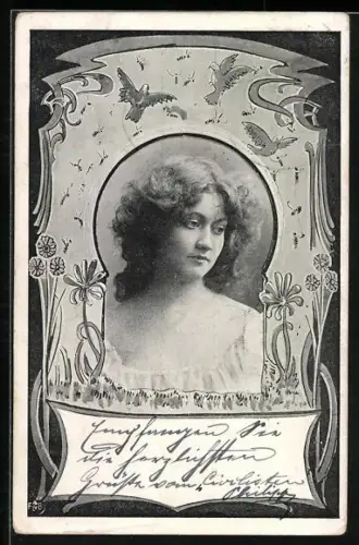 AK Frauenportrait, Vögel, Blumen, Ornament-Rahmen, Jugendstil