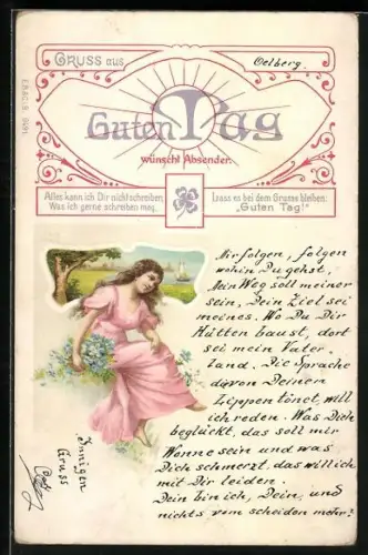 Lithographie Guten Tag, Junges Mädchen im Grünen, Ornamente, Jugendstil
