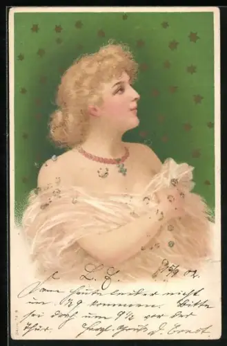 AK Blondes Fräulein mit Halskette unterm Sternenhimmel, Jugendstil