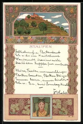 Künstler-Lithographie Staufen / Breisgau, Blick zur Burg, Porträt Frau in Tracht, Jugendstil
