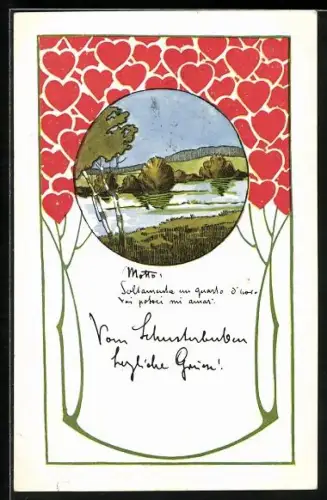 AK Herzen über einer Flusslandschaft, Jugendstil