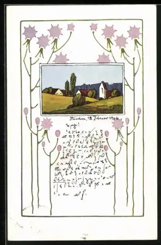 AK Landschaft mit Häusern, Stilisierte Blumen, Jugendstil
