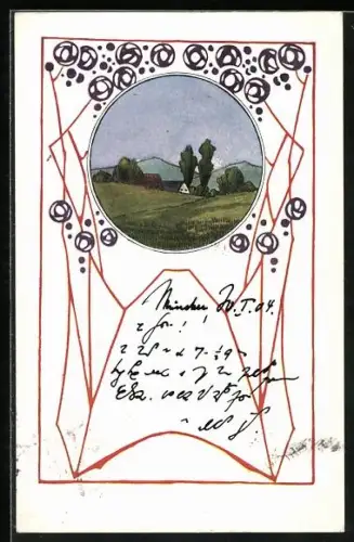AK Berglandschaft am Abend, Stilisierte Blumen, Jugendstil