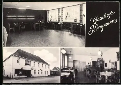 AK Mühlen / Oldenburg, Gasthof Krogmann, Aussenansicht, Gastraum, Saal