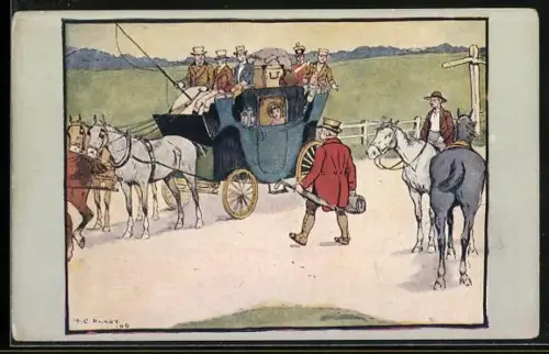 Künstler-AK Pferdekutsche wartet auf einen Fahrgast