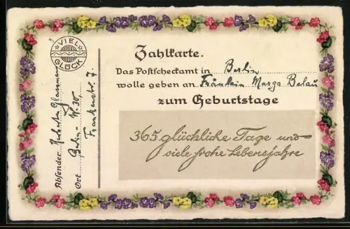 AK Zahlkarte vom Postscheckamt über 365 glückliche Tage, Geburtstagsgruss
