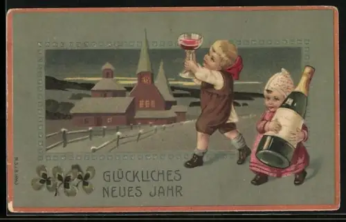 AK Kinder tragen eine Flasche Sekt u. ein Sektglas, Kirche, Kleeblätter, Neujahr