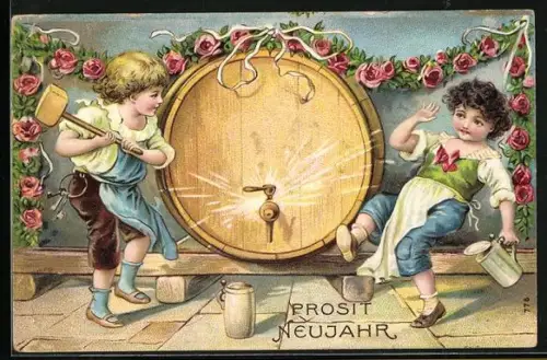 Lithographie Knaben zapfen ein Fass an