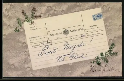 AK Telegraph mit Neujahrsgruss und Tannenzweigen