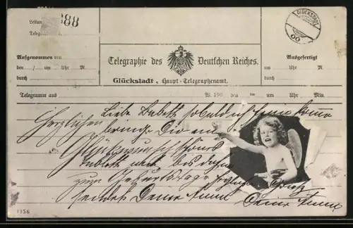 AK Telegraph mit kleinem Engel und Sektflasche