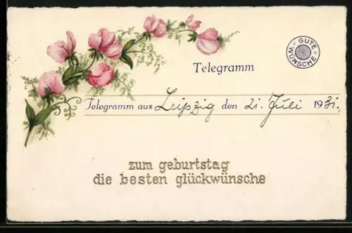 AK Telegramm mit Blüten und Geburtstagsgruss