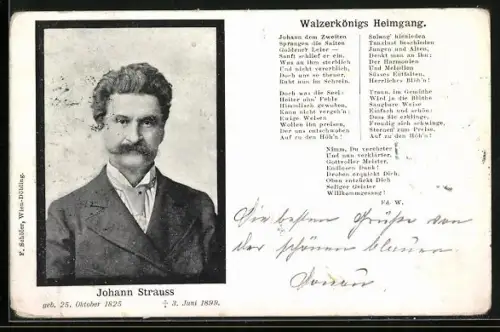 AK Komponist Johann Strauss mit Liedtext Walzerkönigs Heimgang