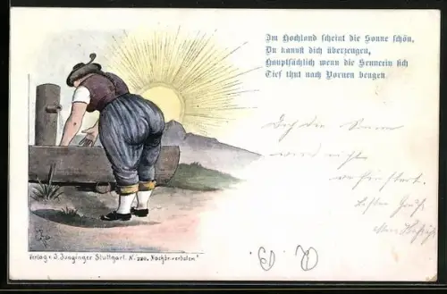 Künstler-AK Sennerin beugt sich über einen Brunnen Im Hochland scheint die Sonne schön...