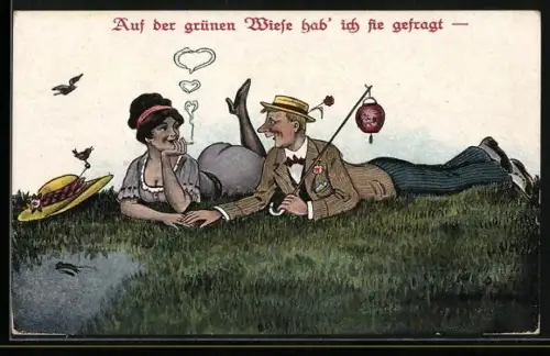 AK Liebespaar raucht auf der Wiese liegend Zigaretten