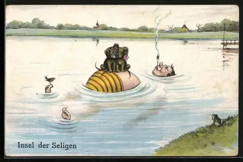AK Hundepaar sitzt auf einem schwimmenden dicken Mann, Insel der Seligen