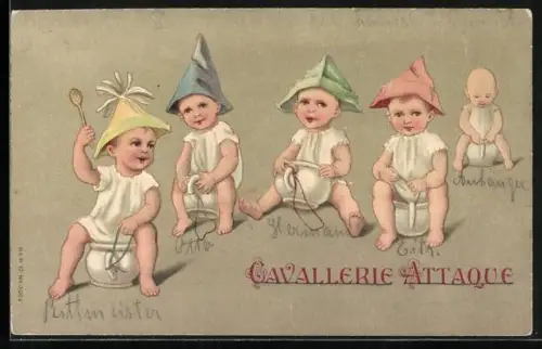 AK Kinder spielen mit ihren Nachttöpfen Cavallerie Attaque