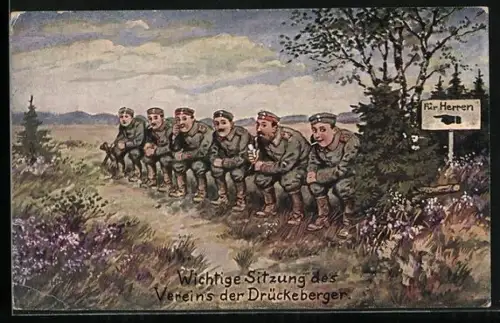 Künstler-AK Soldaten nutzen eine Wiese als Toilette, Toilettenhumor