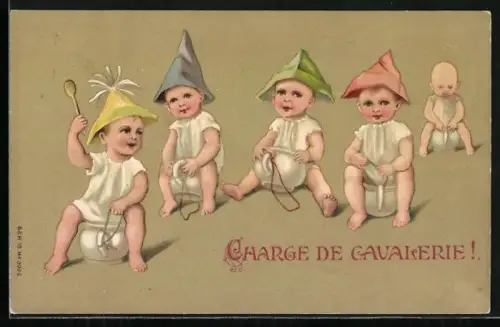 AK Charge de Cavalerie!, Buben reiten auf ihren Töpfchen zum Angriff