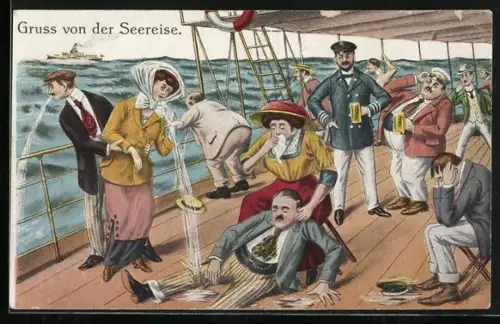 AK Seekranke Reisende übergeben sich an Deck eines Schiffes