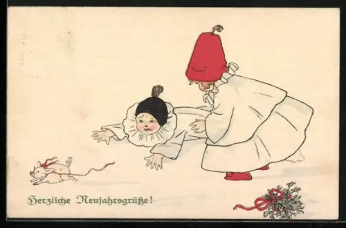 AK Pierrot rutscht im Schnee aus, Herzliche Neujahrsgrüsse