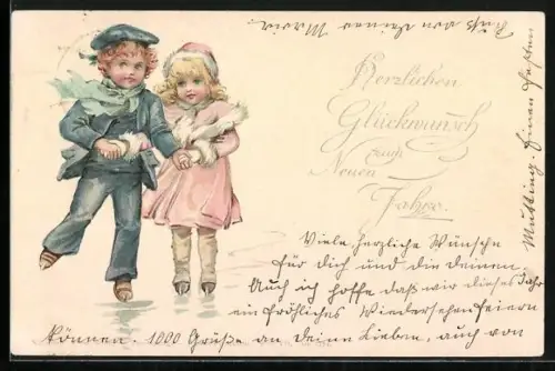 AK Kleines Paar in Wintermänteln fährt Schlittschuh, Neujahrsgruss