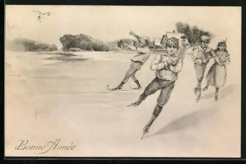 AK Schlittschuhläufer auf einem gefrorenen See, Bonne Année