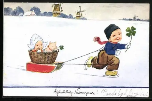 AK Knabe fährt Schlittschuh und zieht einen Schlitten mit einem Kind und Schwein