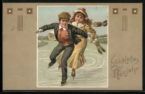 AK Paar fährt auf einem gefrorenen See Schlittschuh